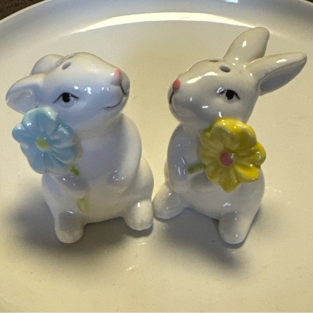 Ceramic Bunny Rabbits with flowers salt and pepper shakers